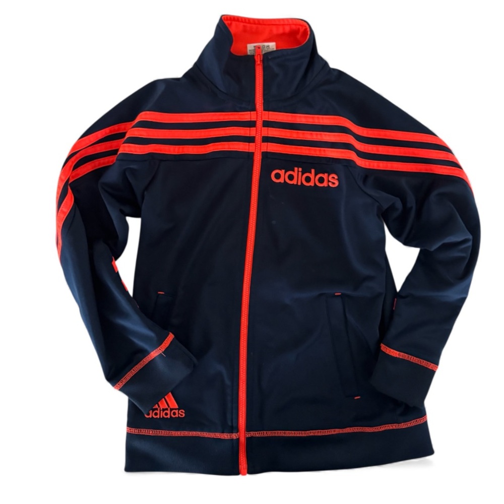 Adidas Navy and Bright Orange Athletic Track Zippered Jacket w pockets Boys Sz 7